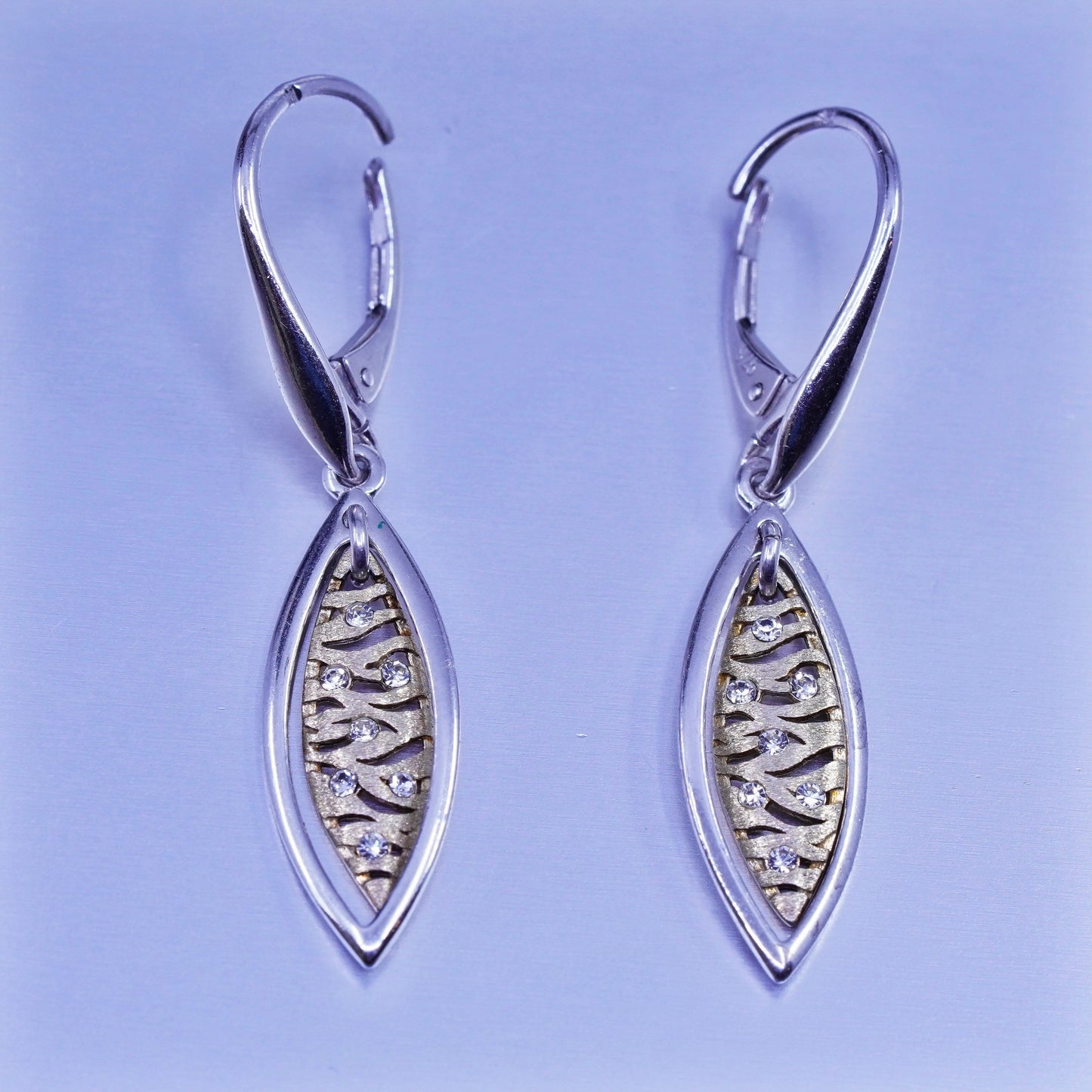 Vintage two tone Sterling 925 silver handmade filigree marquise shaped earrings