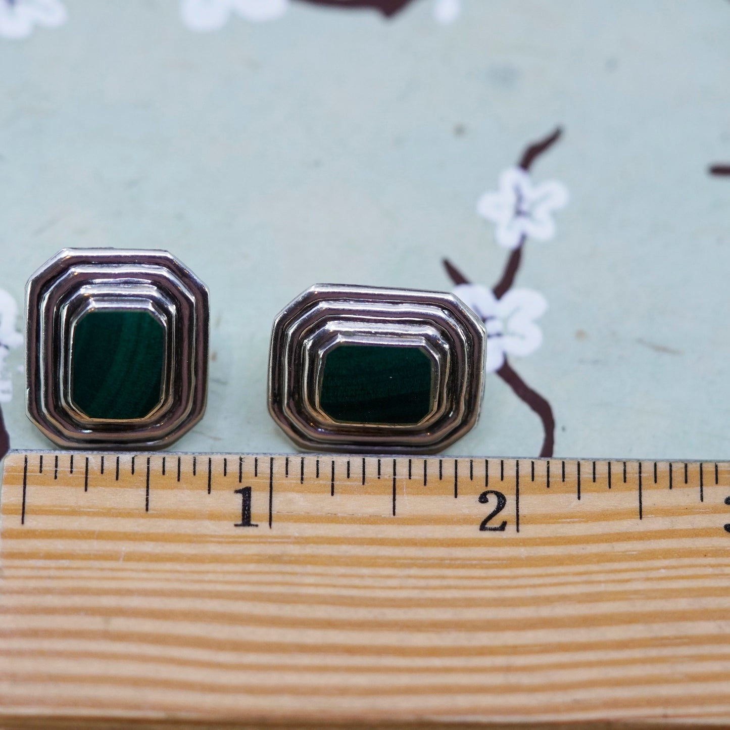 Vintage Mexico sterling silver handmade malachite earrings, 925 studs