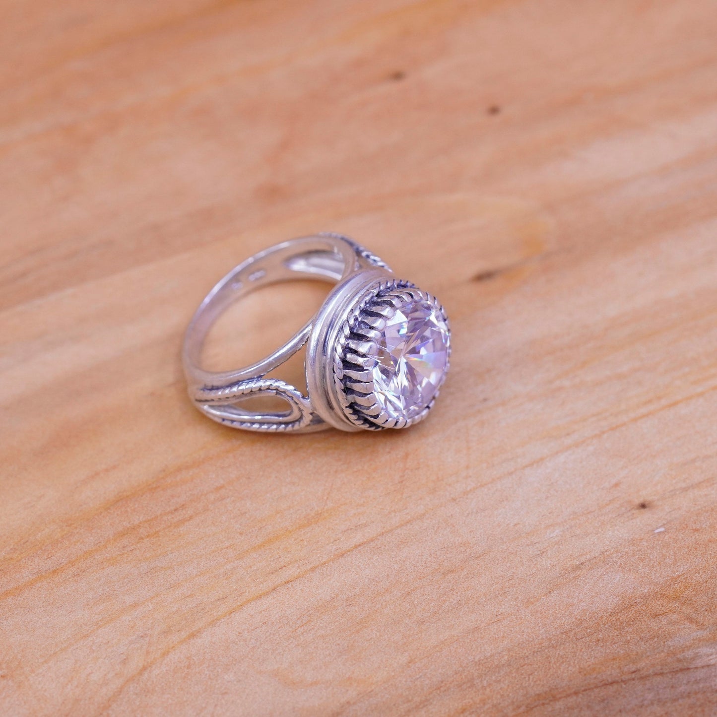 Size 7.75, vintage Sterling silver handmade ring, 925 engagement band with cz