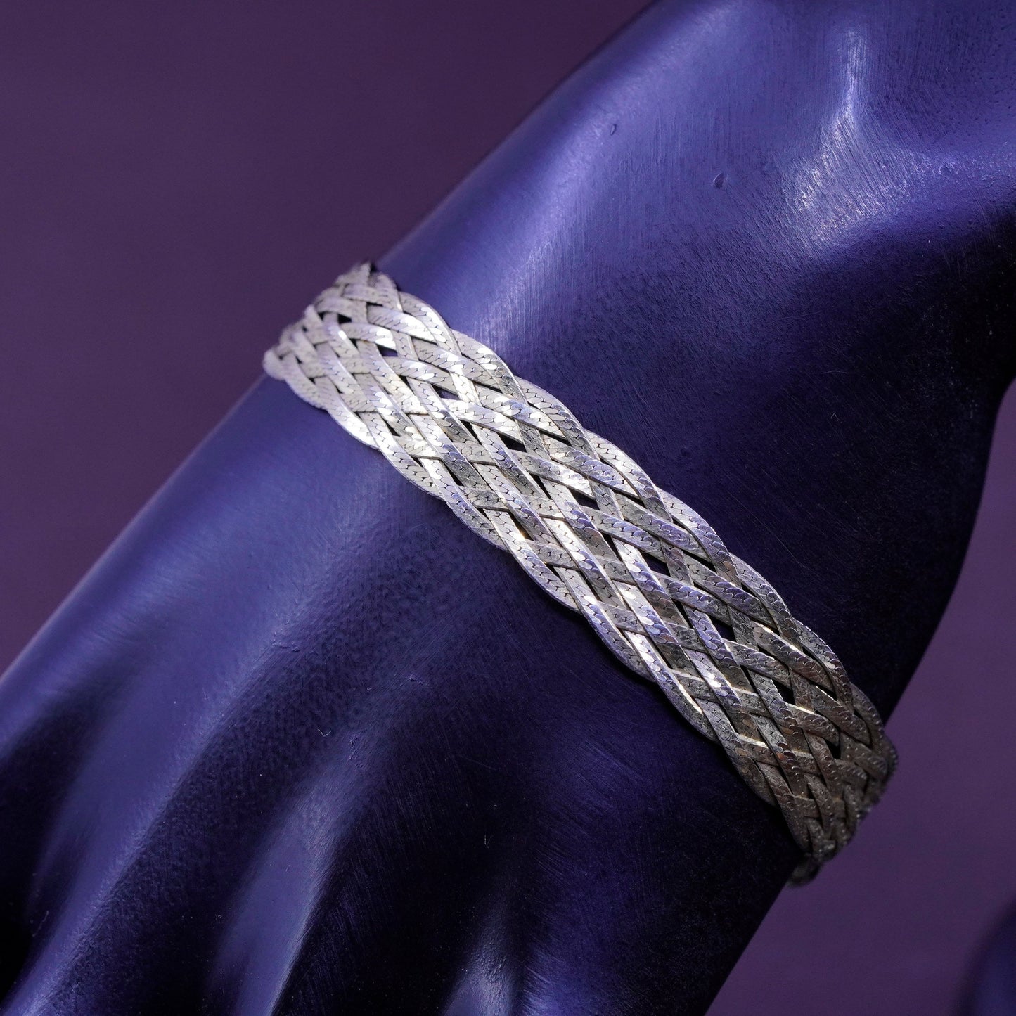 7.25”, Vintage vermeil gold Sterling silver braided woven herringbone bracelet