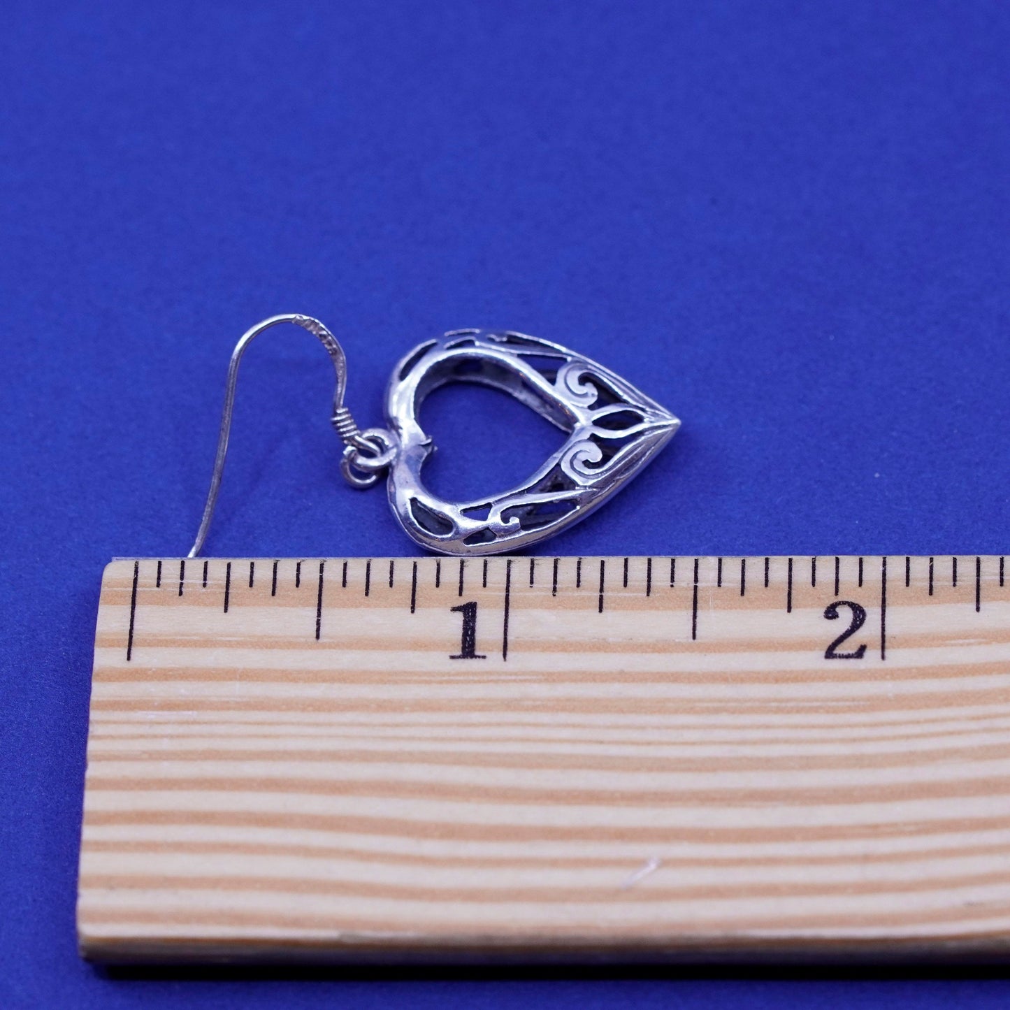 Vintage Sterling silver handmade earrings, 925 Bali filigree heart drops