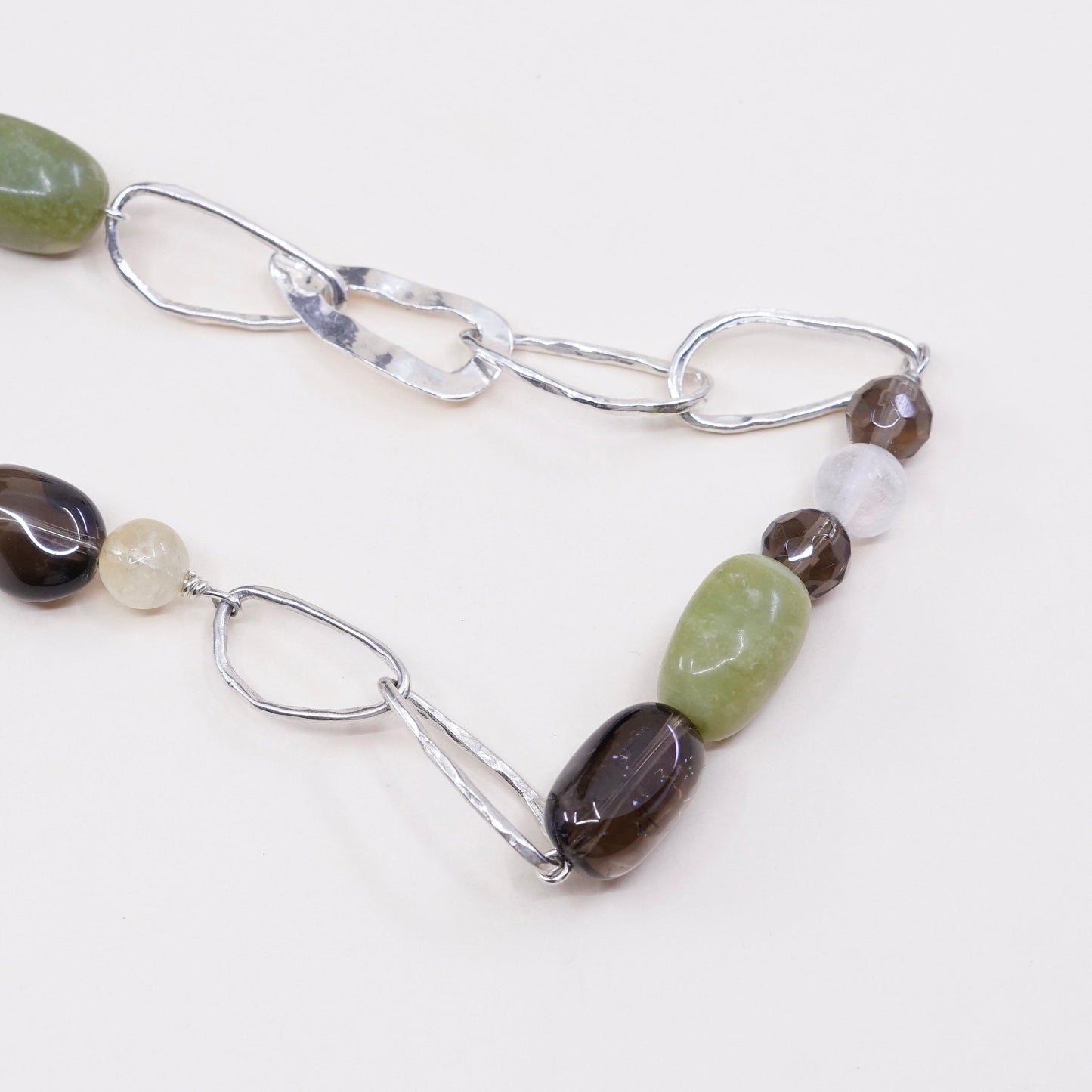 17”, vtg Sterling silver handmade necklace, 925 link chain w/ jade N topaz
