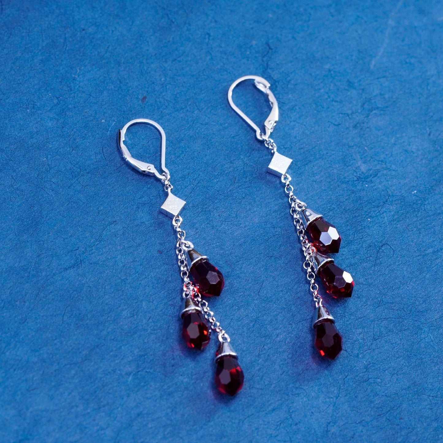 Designer Elle sterling 925 silver handmade earrings with teardrop ruby dangles