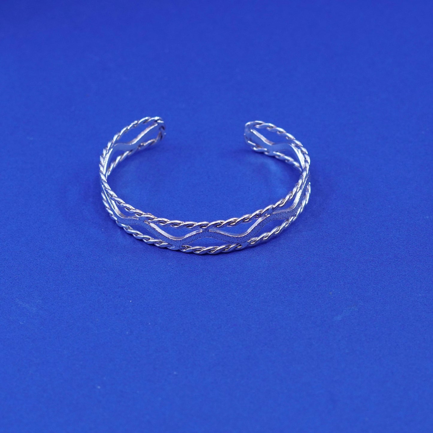 6.75”, vintage sterling silver handmade bracelet, wide 925 filigree wavy cuff