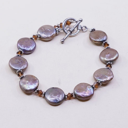 6.75", VTG handmade silver Tone bracelet, purple grayish pearl beads w/ toggle