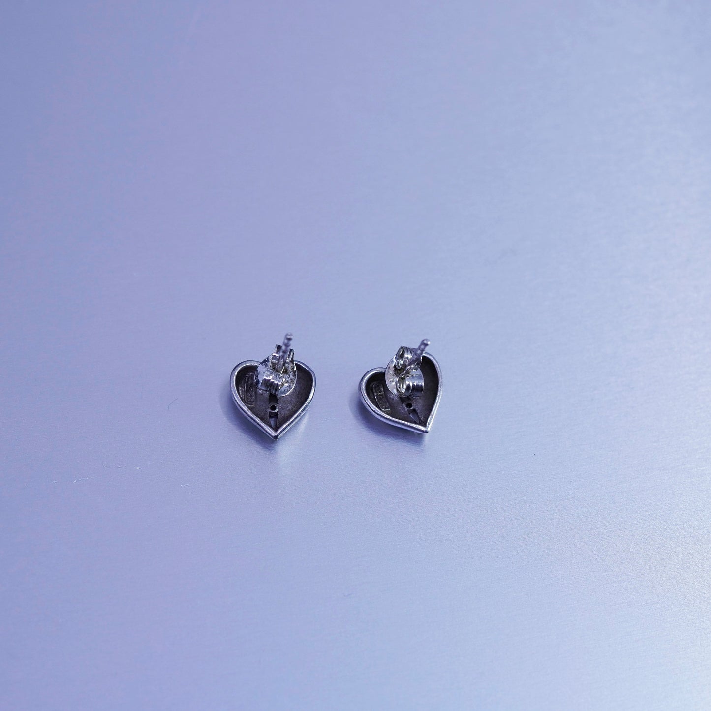 Vintage Sterling 925 silver handmade heart earrings, studs with diamond
