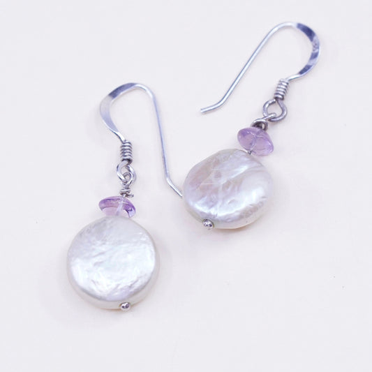 Vintage sterling silver handmade earrings, 925 dangles with coin pearl