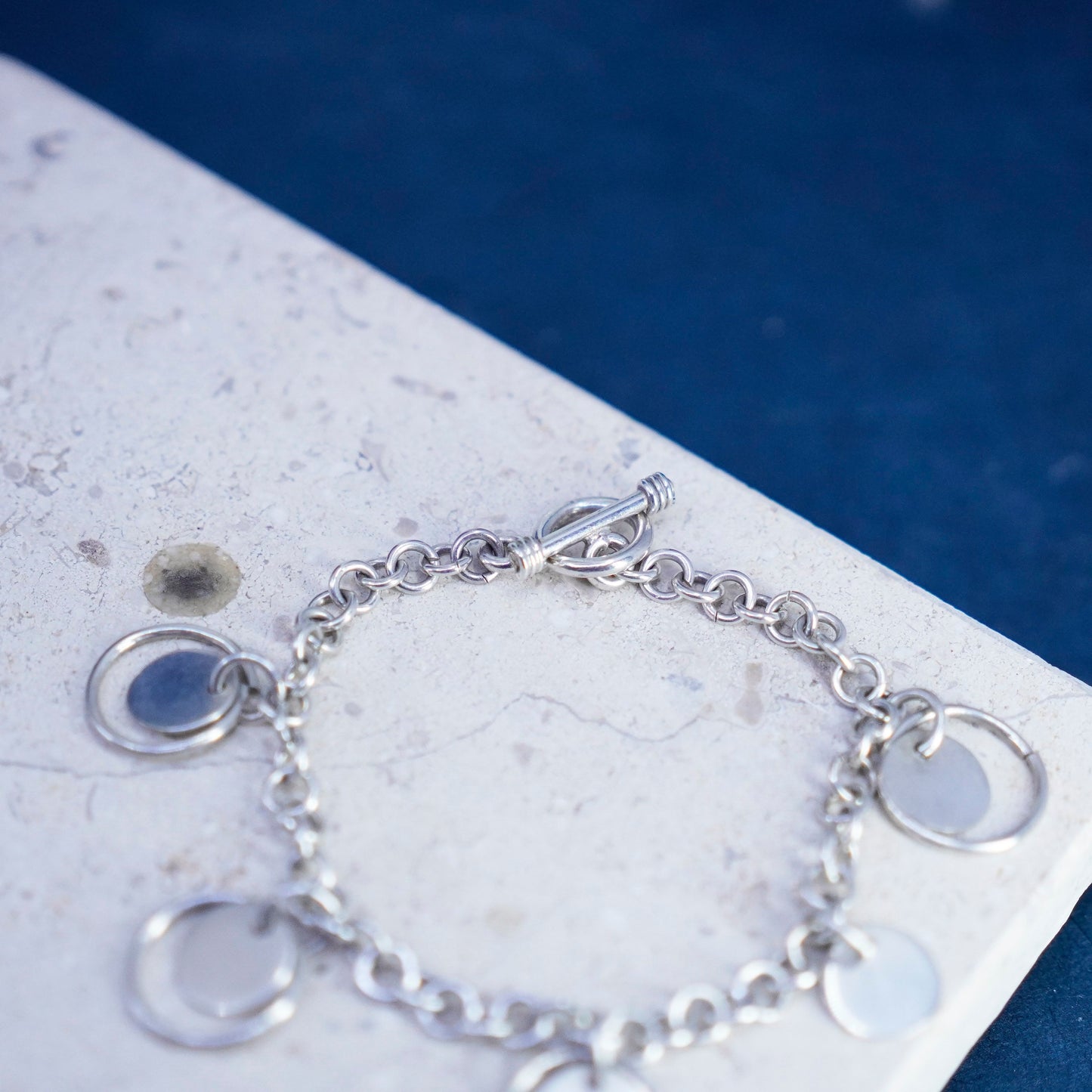 6.75”, Sterling silver handmade bracelet, 925 bold circle link chain with discs