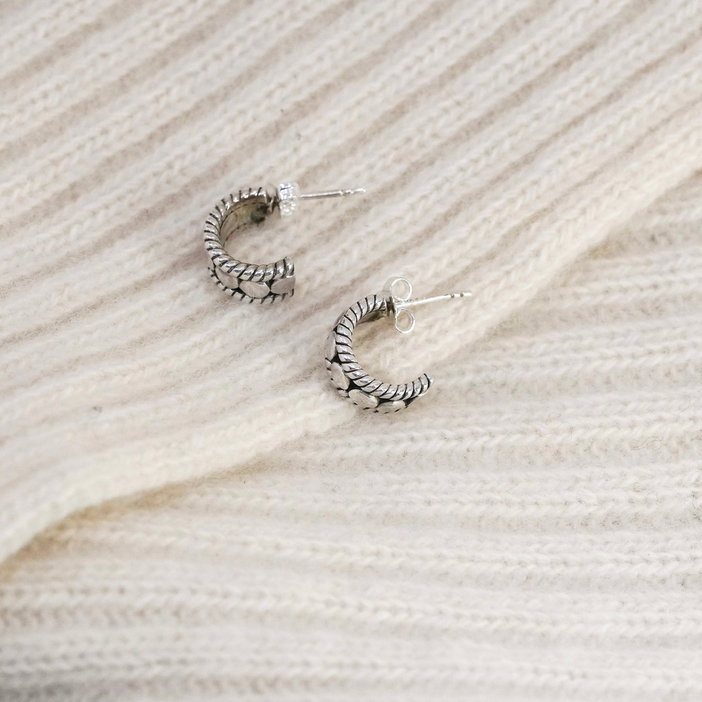 0.5”, Vintage Sterling silver handmade earrings, 925 Huggie hoops with beads