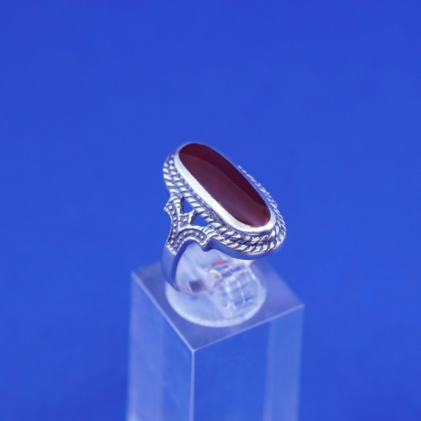 Size 7.5, vtg Sterling Silver 925 Red Carnelian handmade Ring w/ beads N cable