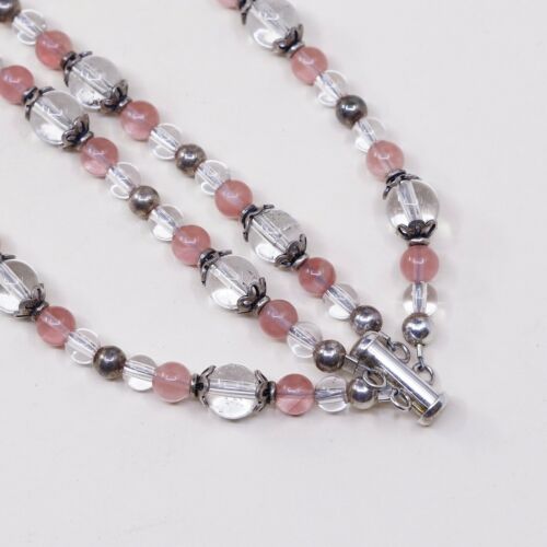 18”, Vtg Double Strands 925 Sterling Silver Pink Rose Quartz W/ Crystal Beads