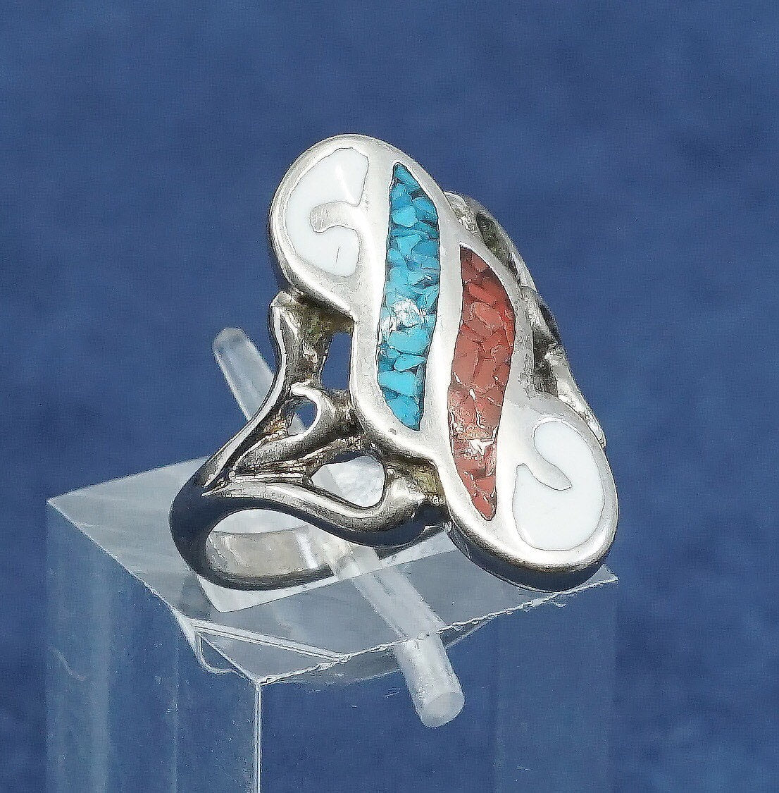 sz 5.25, Native American sterling 925 silver handmade ring w/ turquoise coral