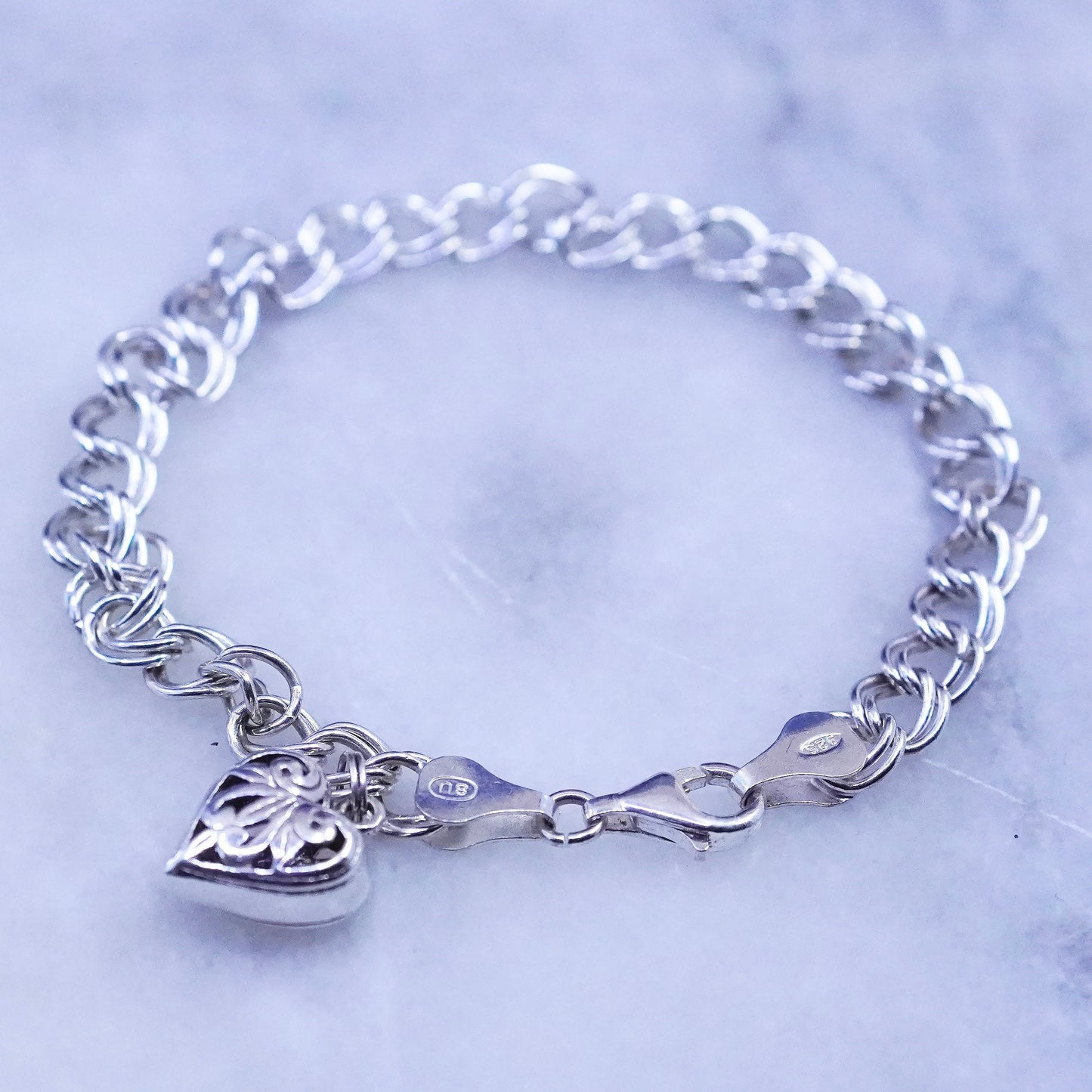 6.75”, Sterling silver bracelet, 925 double curb chain filigree heart charm