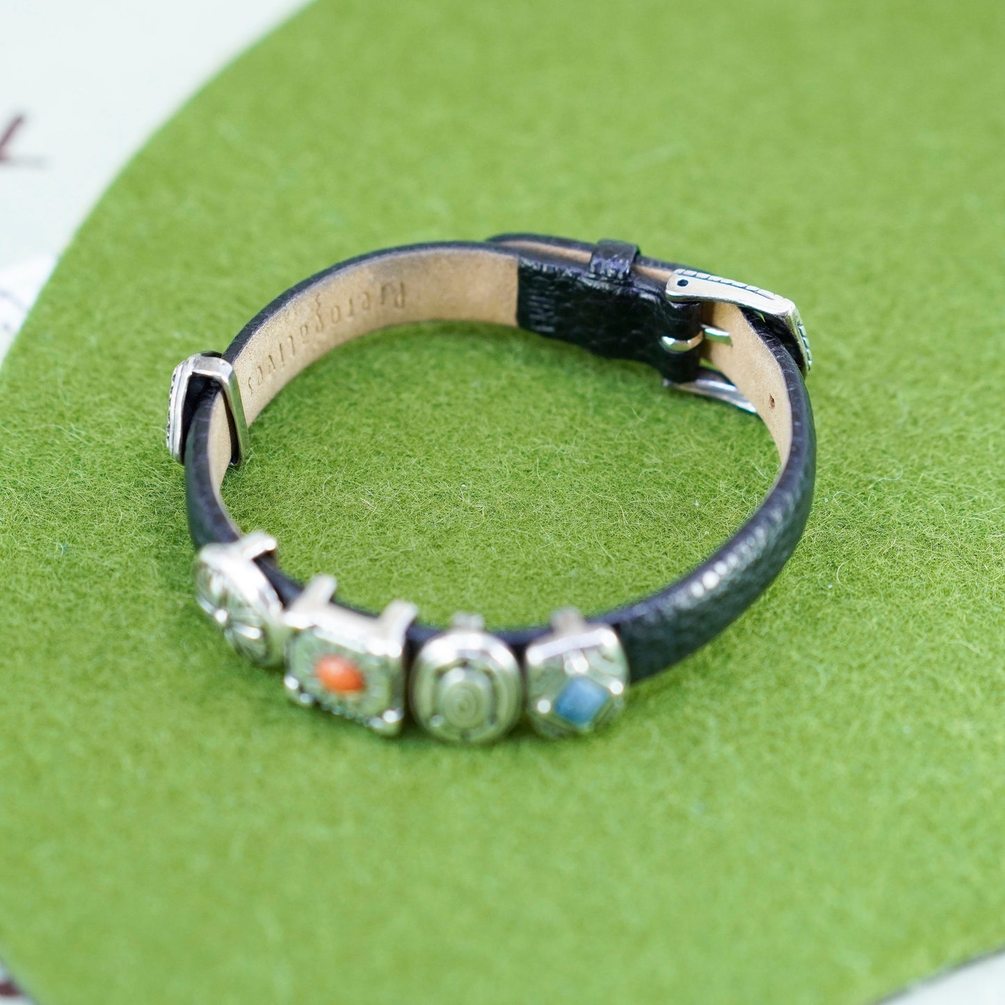 6”, vtg prerogatives black leather bracelet, sterling 925 silver charms clasp