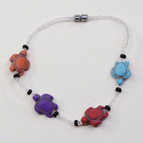 8.75”, Vtg Handmade Bead Bracelet, Clear Beads With Colorful Turtle
