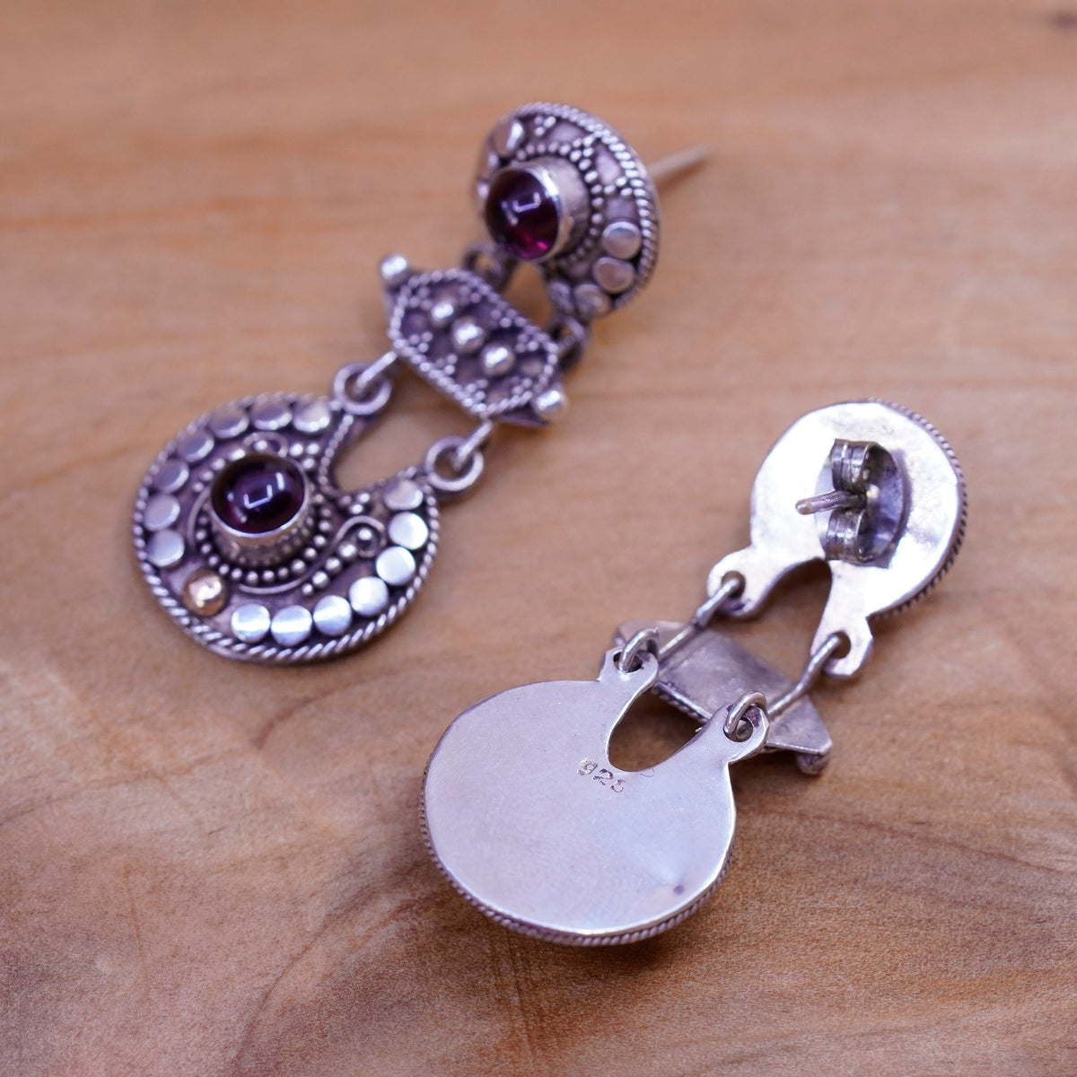 Two tone handmade sterling 925 silver earrings with 14K accent and garnet beads