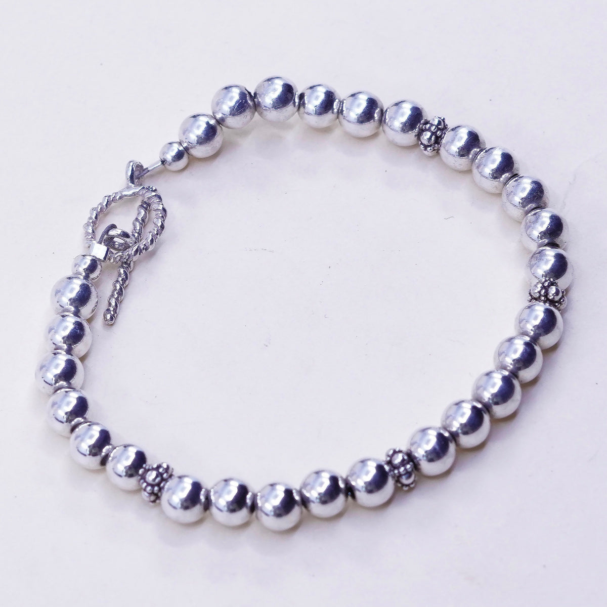 7”, 5mm, Vintage sterling silver bracelet, filigree 925 beads chain, jewelry
