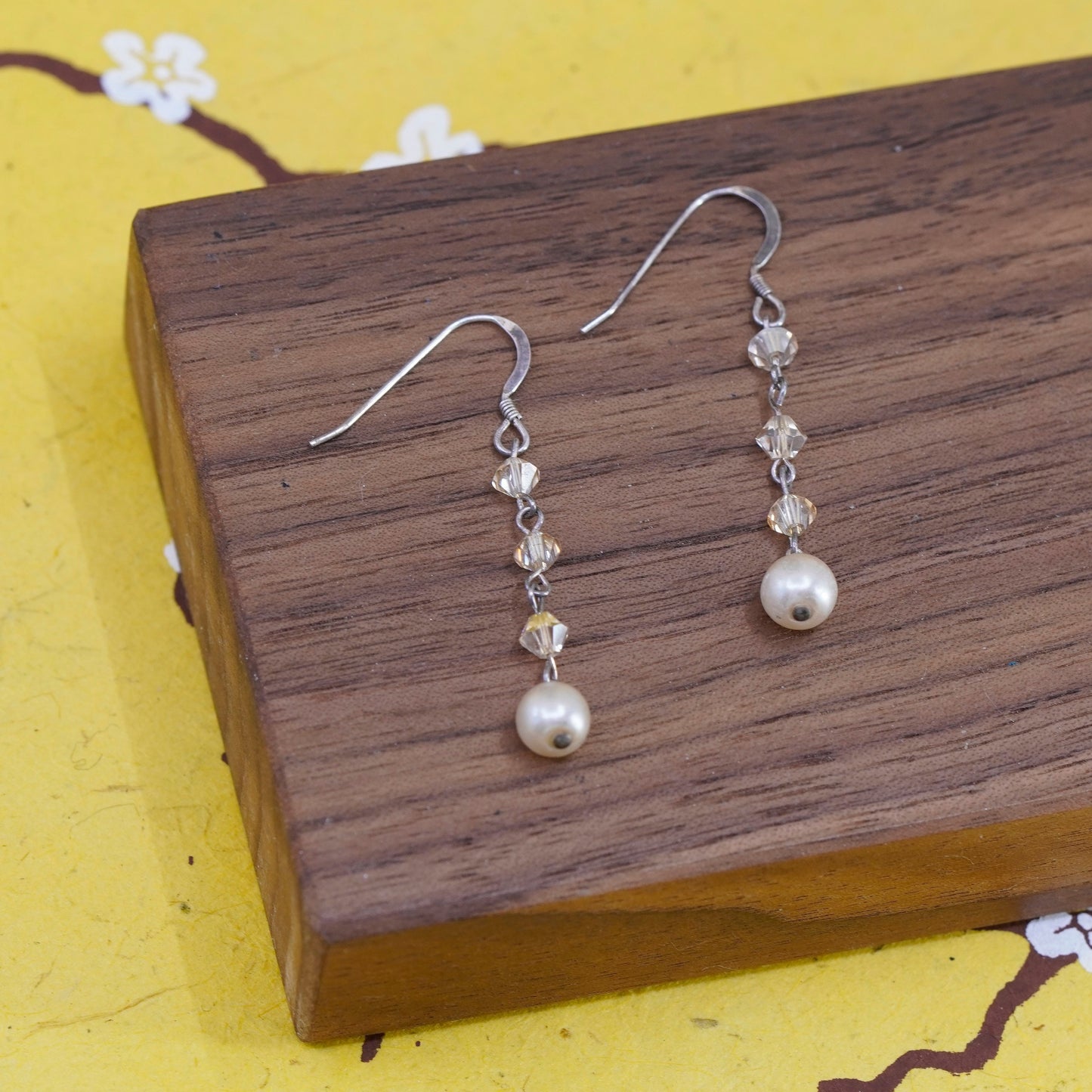 Vintage Sterling 925 silver handmade earrings with orange crystal and pearl