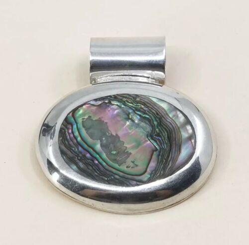 Vtg Large Sterling Silver Abalone Handmade Pendant, Mexico solid 925 silver