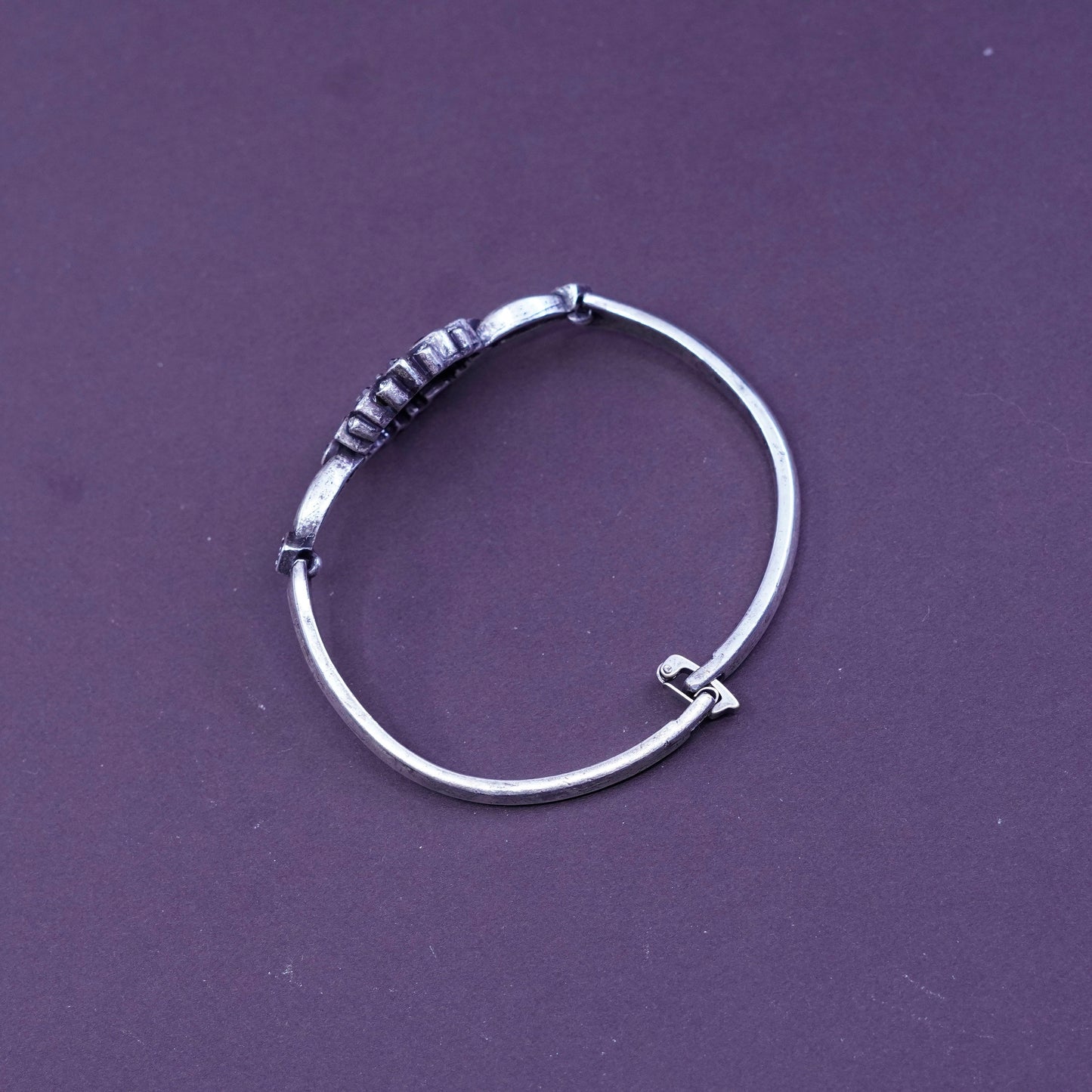 6.75”, sterling silver bracelet, 925 bangle w/ flower latch and Marcasite