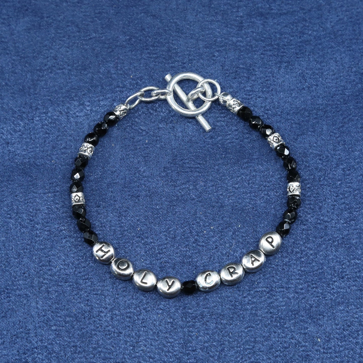7”, vtg sterling 925 silver handmade bracelet “holy crap” w/ obsidian beads