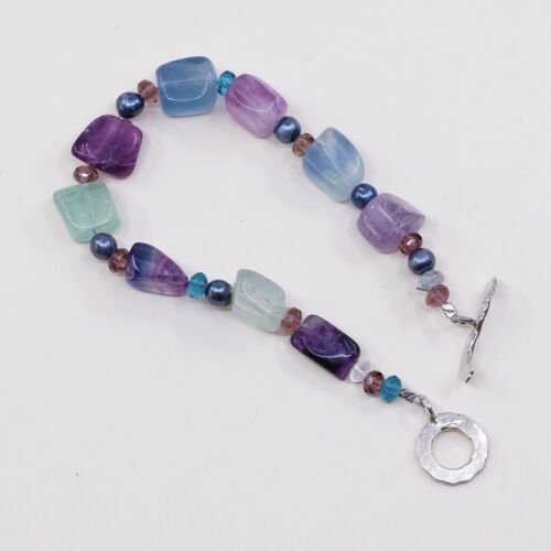 7.25”, Vtg Mexico Sterling 925 Silver Handmade Fluorite Nugget Bead Bracelet