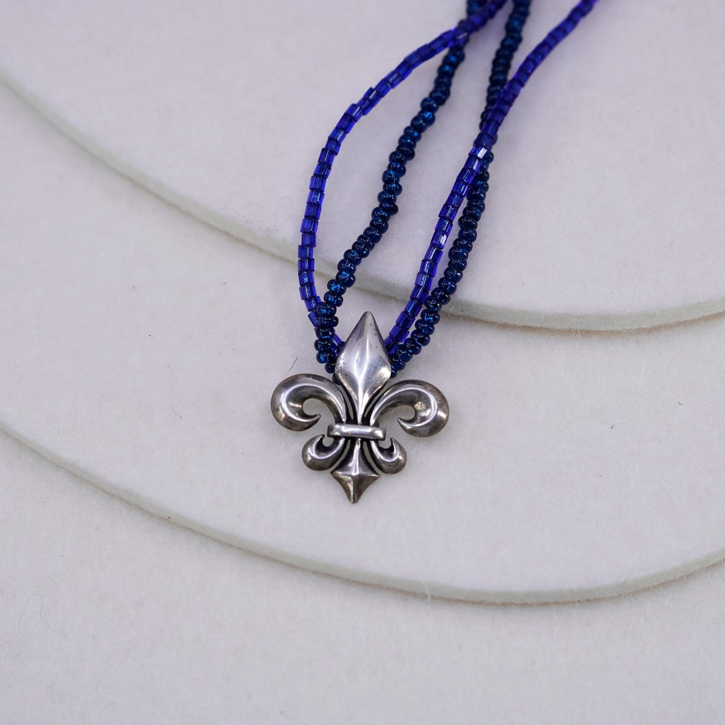 18”, blue beads necklace Sterling 925 silver French symbol fleur-de-lis pendant
