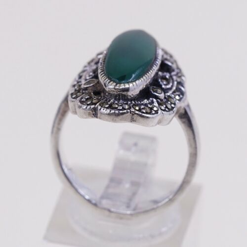 Sz 7.75, Sterling Silver handmade Ring, 925 Silver W/ Emerald n marcasite
