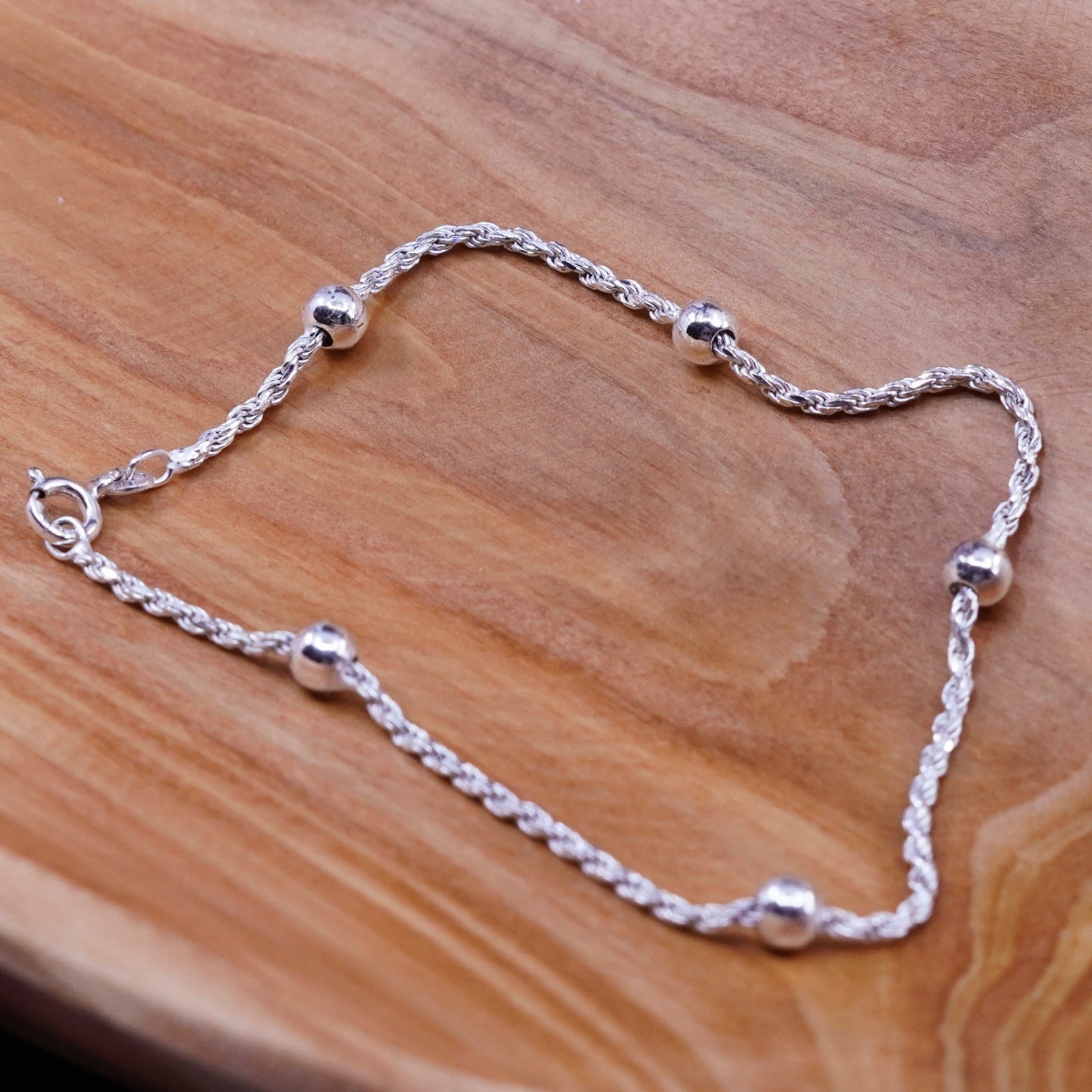 9”, 2mm, vintage Sterling silver rope bracelet, Italy 925 chain with beads