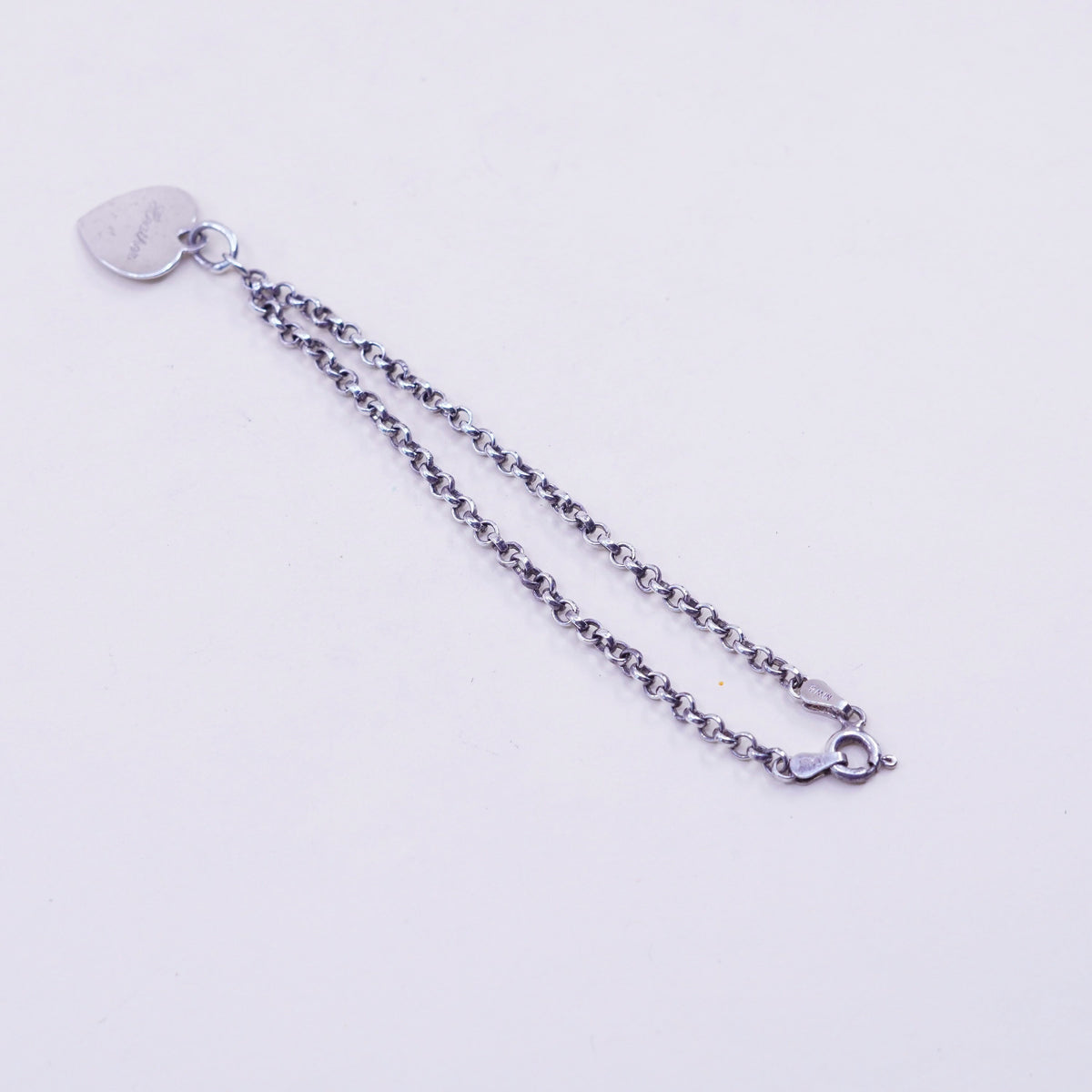 6.75”, sterling silver bracelet, 925 circle chain anklet heart charm “heather