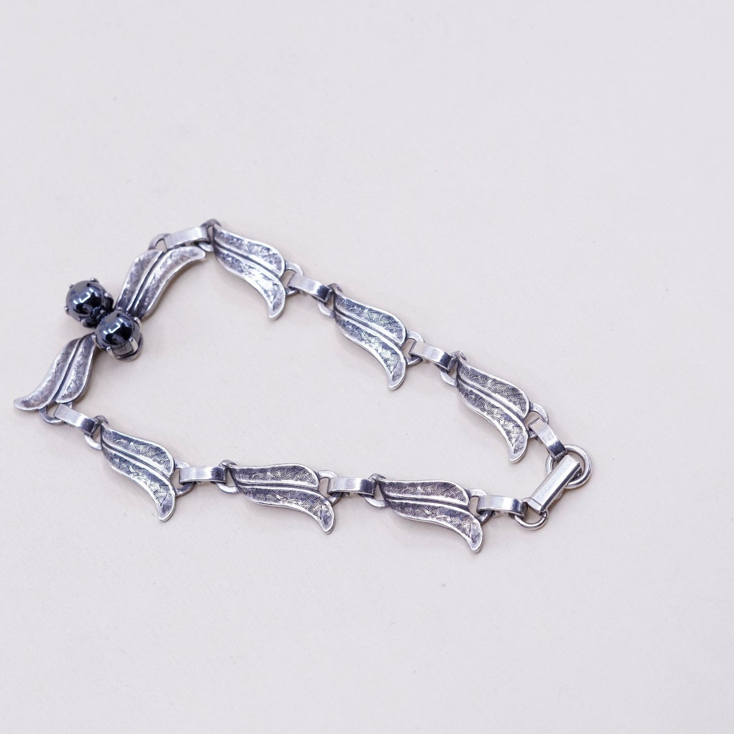 7.5”, antique sterling silver bracelet, 925 wavy chain with hematite beads