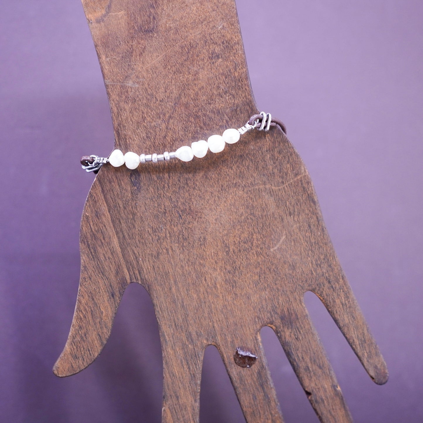 7.25”, retired Silpada Sterling 925 silver Pearl Leather Clasp Bracelet B1062