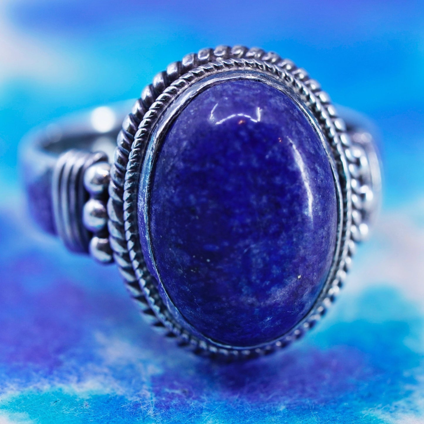 Size 7, vintage sterling 925 silver handmade ring band with sodalite and cable
