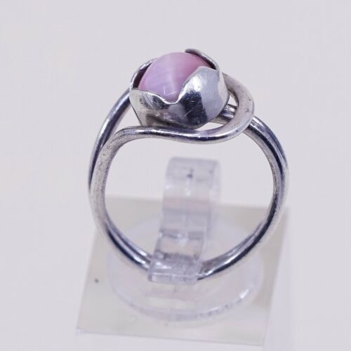 Sz 5.25, Vintage Handmade Sterling Silver Ring W/ Pink Tiger Eye, Stamped 925
