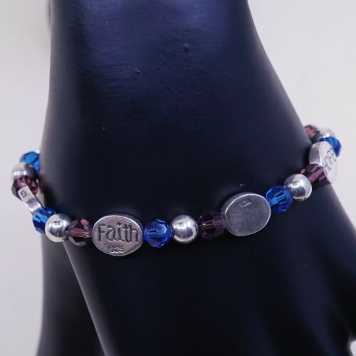 7.25” Vtg Sterling Silver Handmade Bracelet, 925 Peace Hope Faith W/ Blue Beads