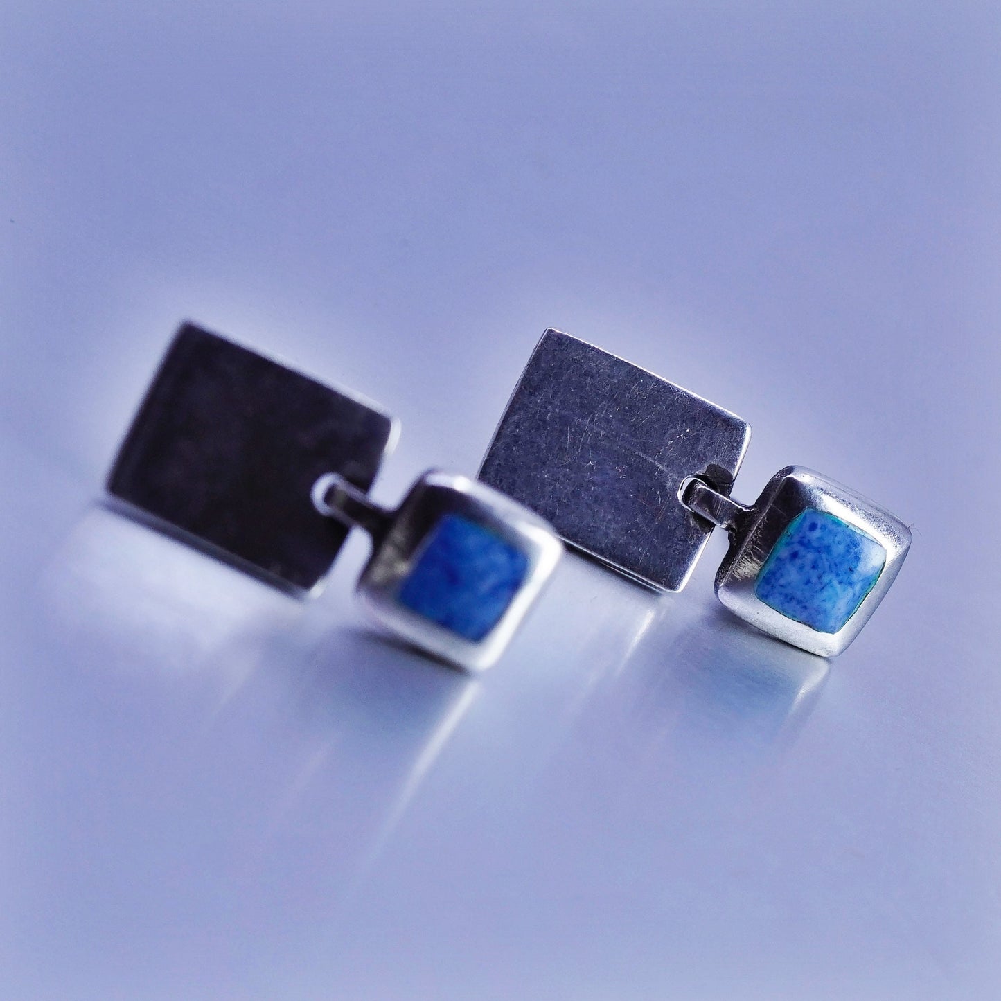 Vintage Sterling 925 silver handmade earrings with square denim lapis lazuli