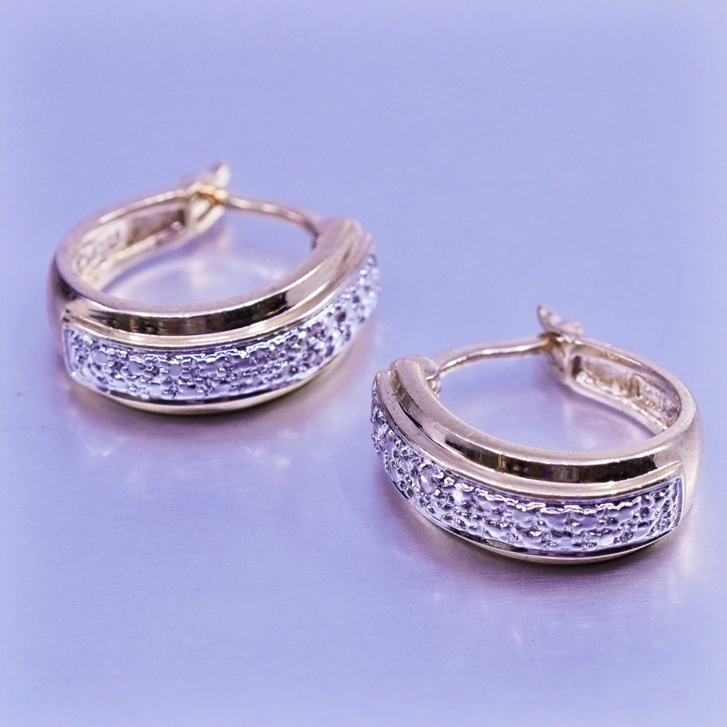 0.5”, vintage vermeil gold over Sterling silver earrings, 925 hoops w/ diamond