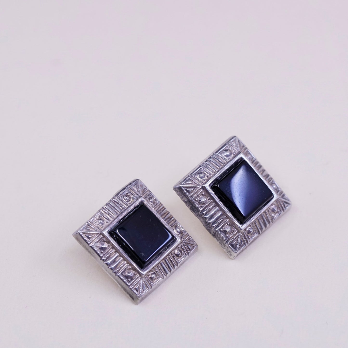 Vintage Sterling silver handmade earrings, Modern 925 stud with square obsidian