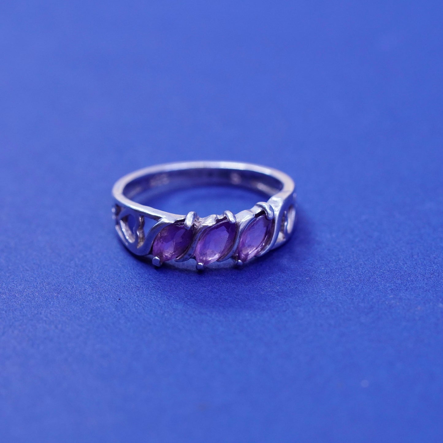 Size 6, vintage Sterling 925 silver handmade ring with Marquise amethyst ring