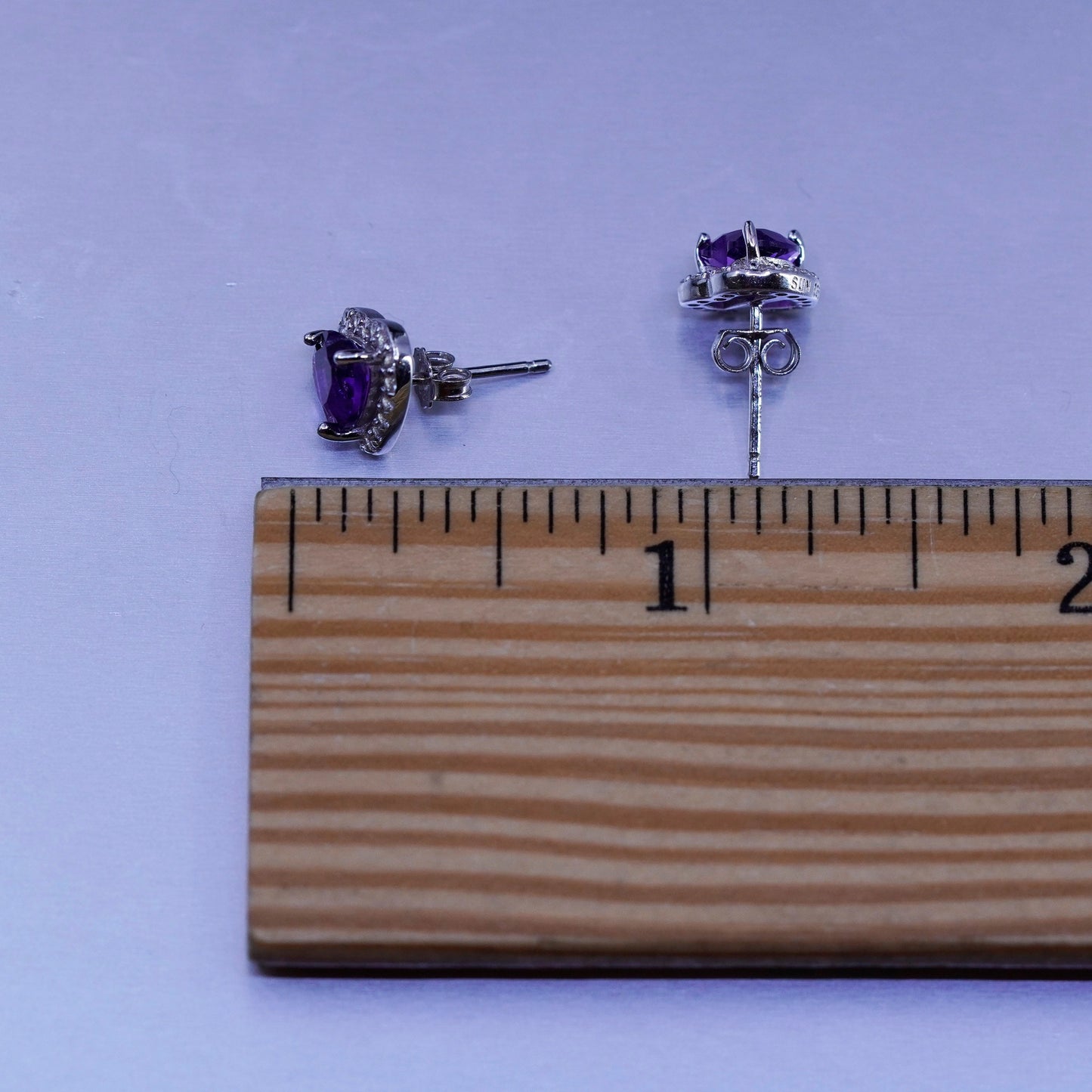 Vintage Sterling 925 silver earrings, studs with heart amethyst and cz around