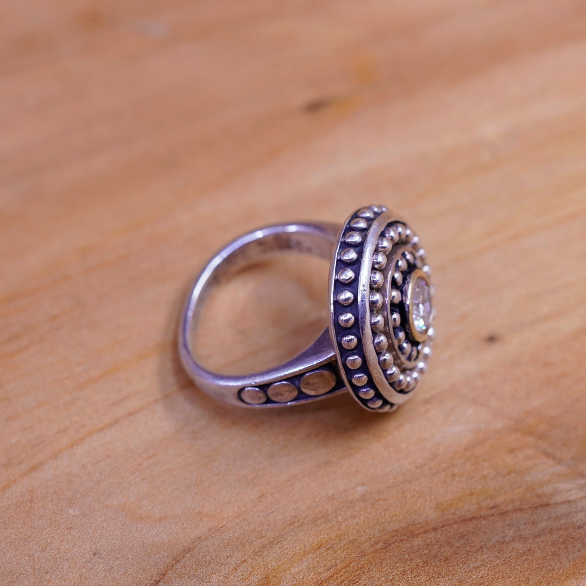 Size 5.75, vintage Kameleon sterling 925 silver handmade ring with cz and beads