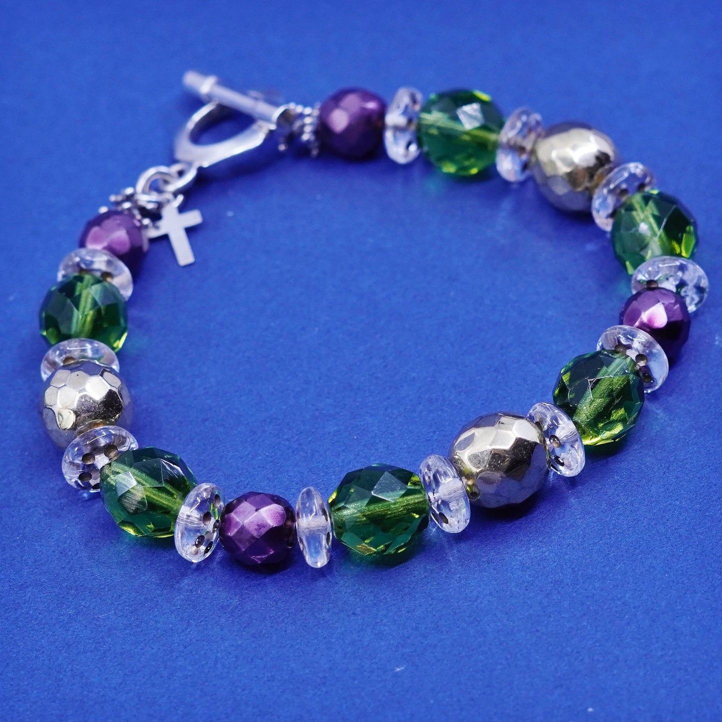 7”, Mexico sterling 925 silver handmade bracelet w/ crystal beads N toggle
