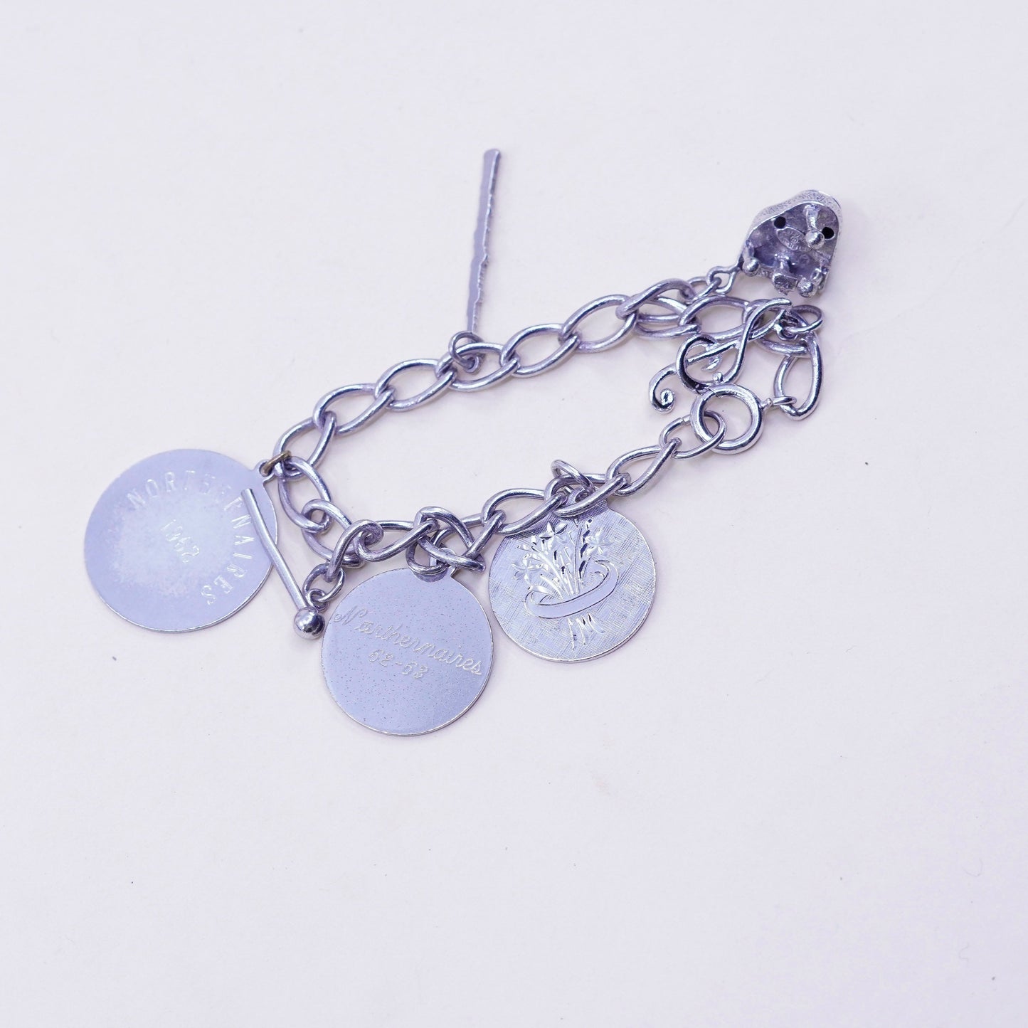 6.75”, sterling silver bracelet, 925 circle chain tag piano music charms