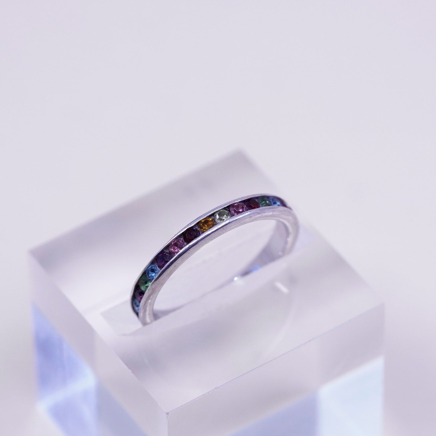 Size 8.25, Sterling 925 silver stackable ring, wedding band with colorful CZ