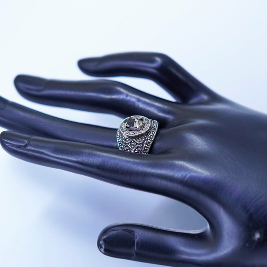 Size 8, vintage Sterling 925 silver handmade ring, band w/ cluster marcasite cz