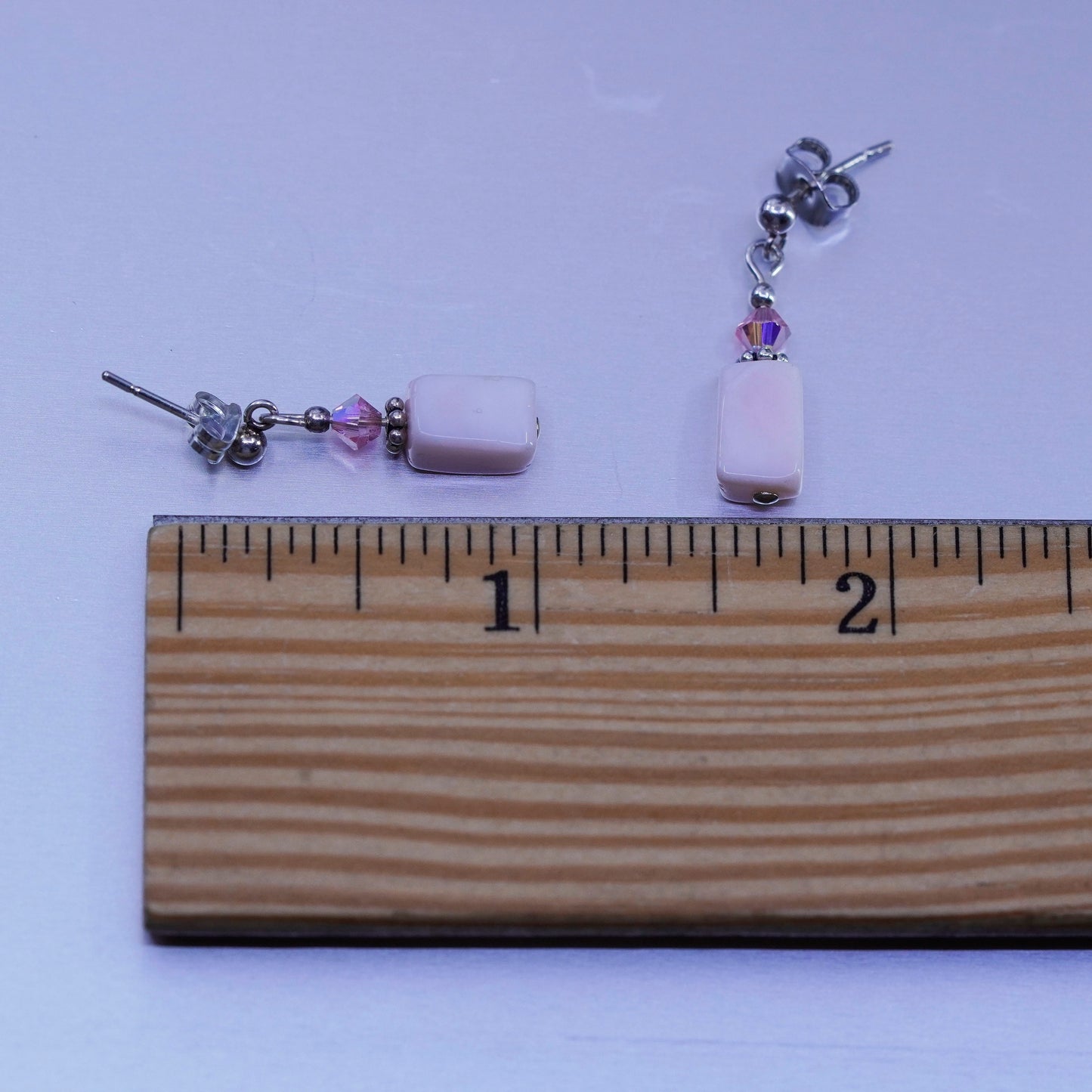 Vintage Sterling 925 silver handmade earrings with pink mother of pearl cube