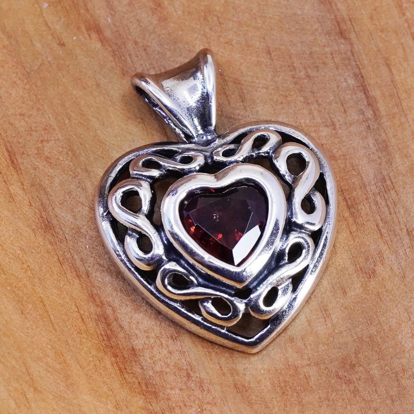 Vintage Sterling silver handmade pendant, 925 filigree heart with ruby