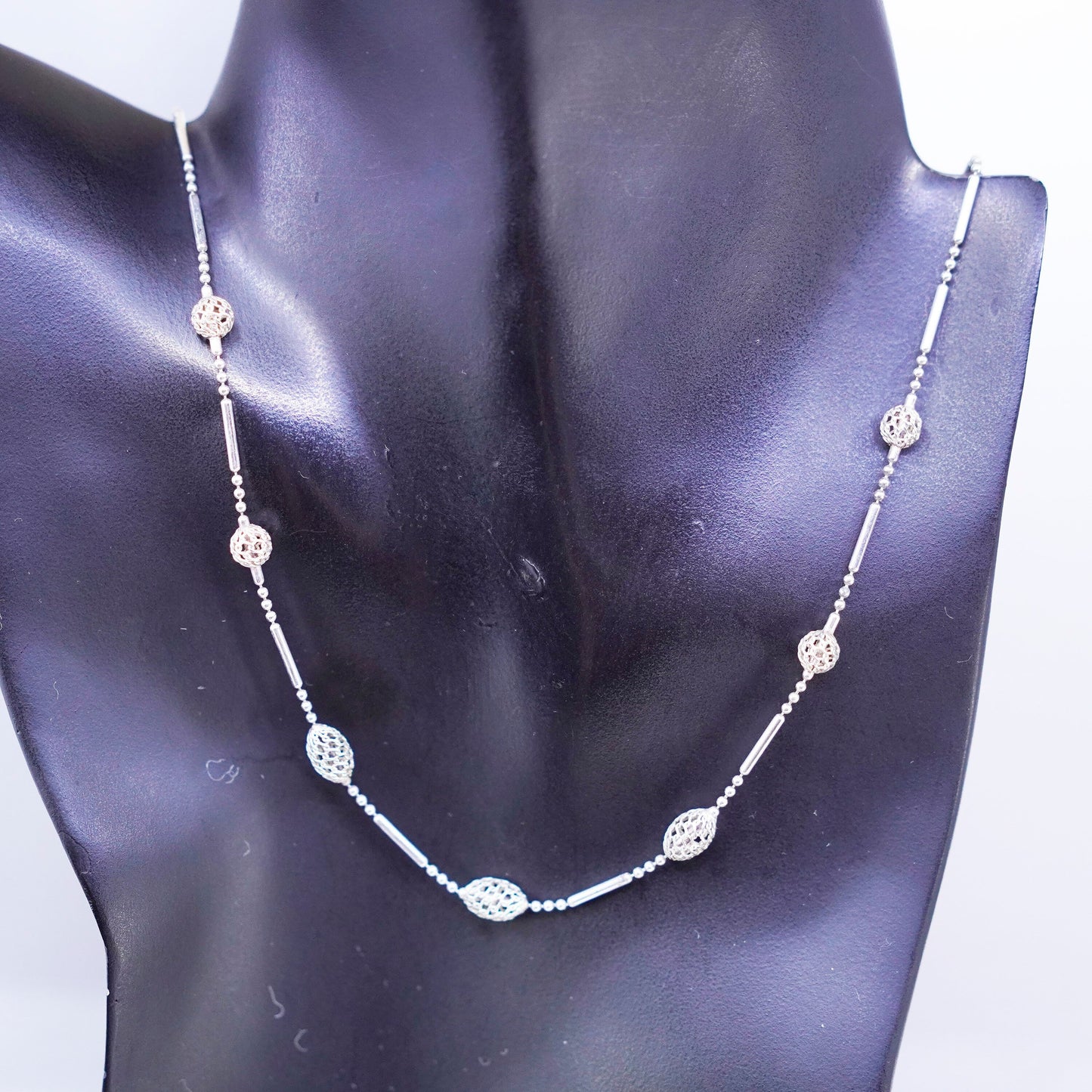 18” 1mm, vintage Italy Sterling 925 silver bar chain necklace w/ filigree beads