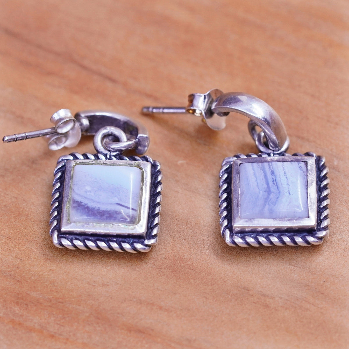 Vintage Sterling silver handmade earrings, 925 Huggie studs lace agate cable