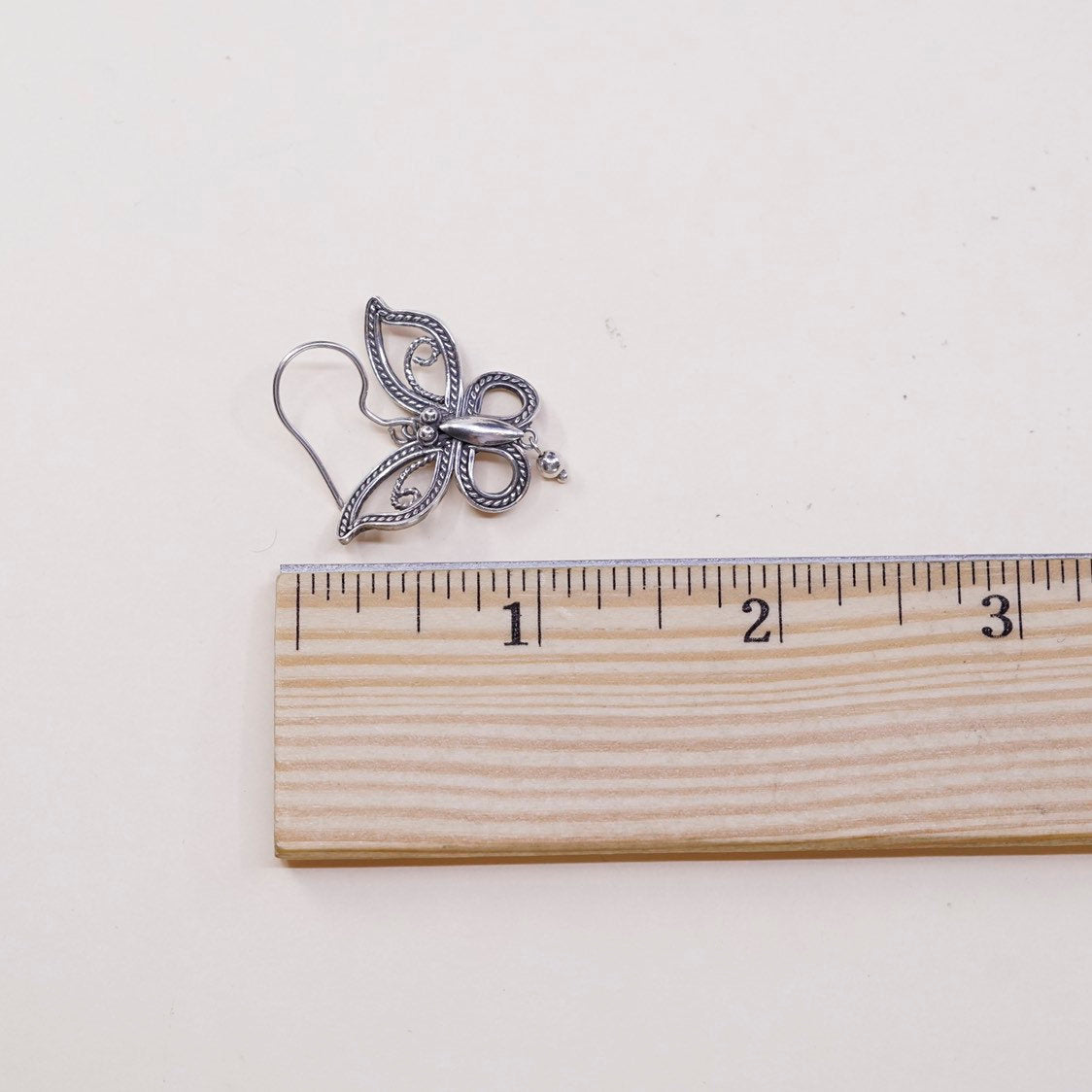 vtg BJ sterling silver handmade earrings, 925 butterfly w/ bead dangles